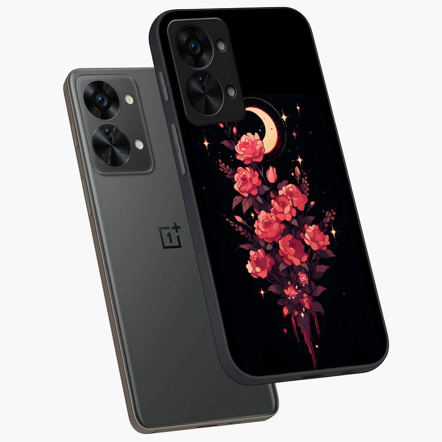 Moonlit Floral Elegance Glass Case for 1+Nord 2T angled mockup showcasing glossy finish and rich night tones