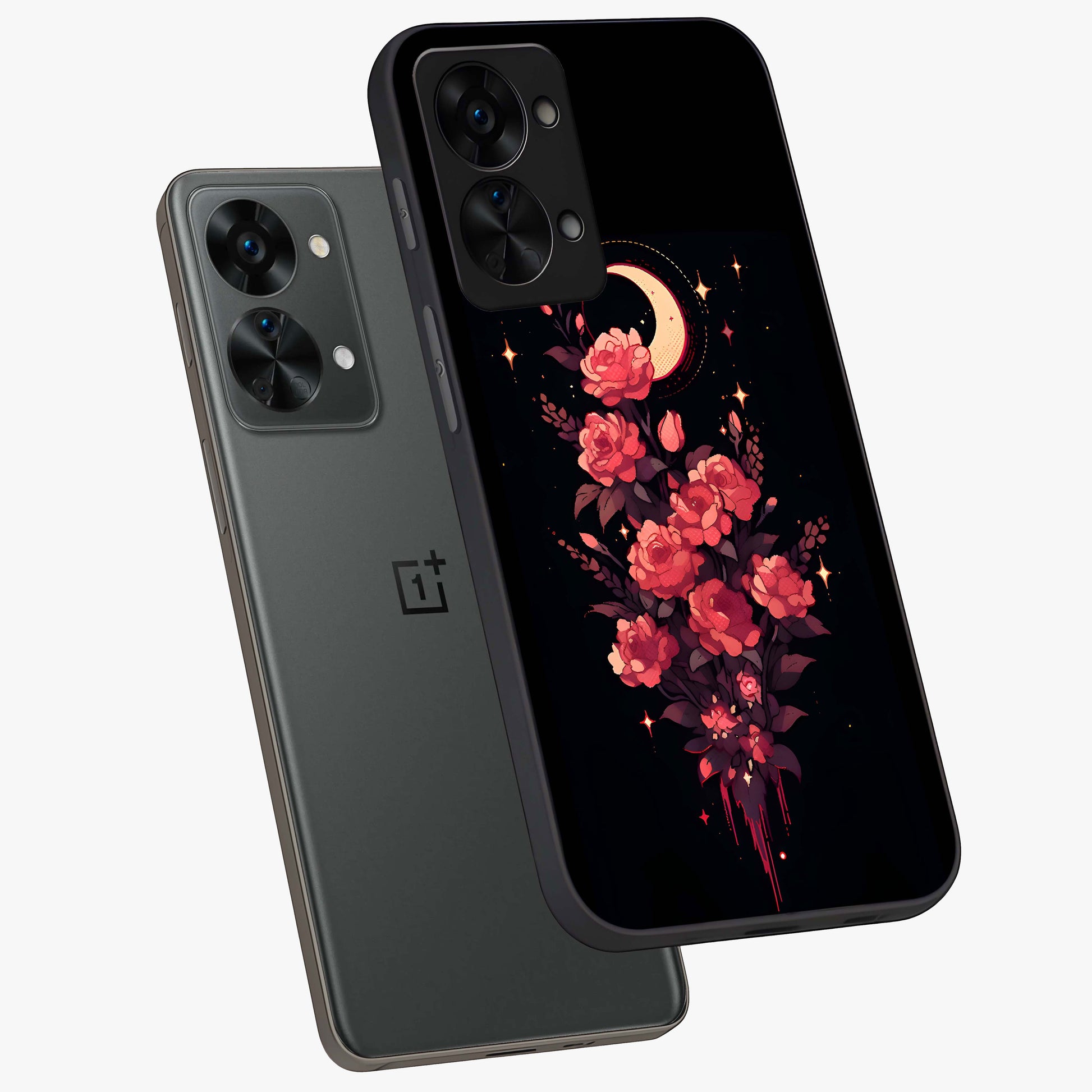 Moonlit Floral Elegance Glass Case for 1+Nord 2T angled mockup showcasing glossy finish and rich night tones