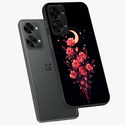 Moonlit Floral Elegance Glass Case for 1+Nord 2T angled mockup showcasing glossy finish and rich night tones