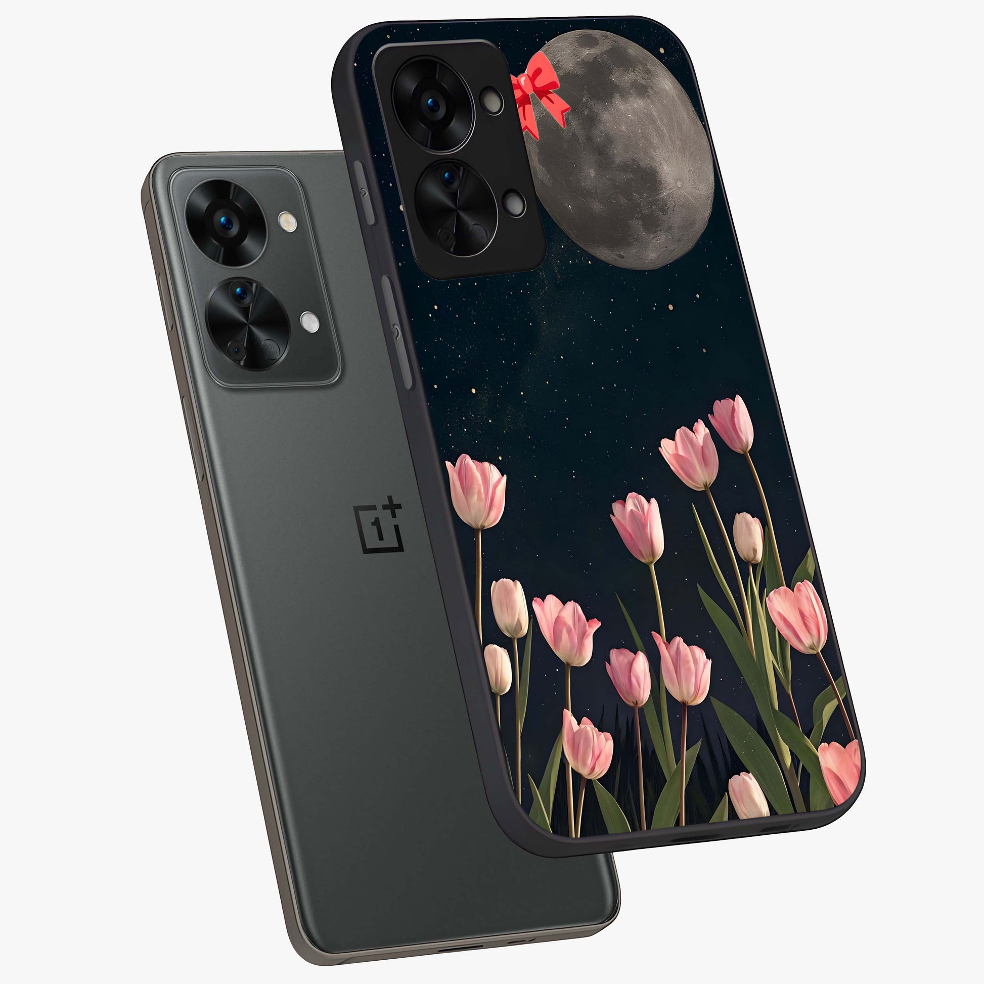 Moonlit Night Tulip Glass Case for 1+Nord 2T angled mockup showcasing glossy finish and soft luminous accents