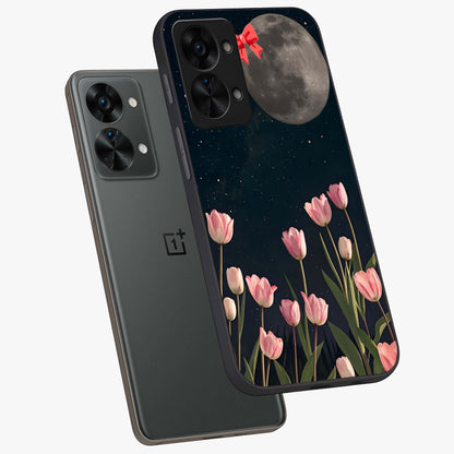 Moonlit Night Tulip Glass Case for 1+Nord 2T angled mockup showcasing glossy finish and soft luminous accents