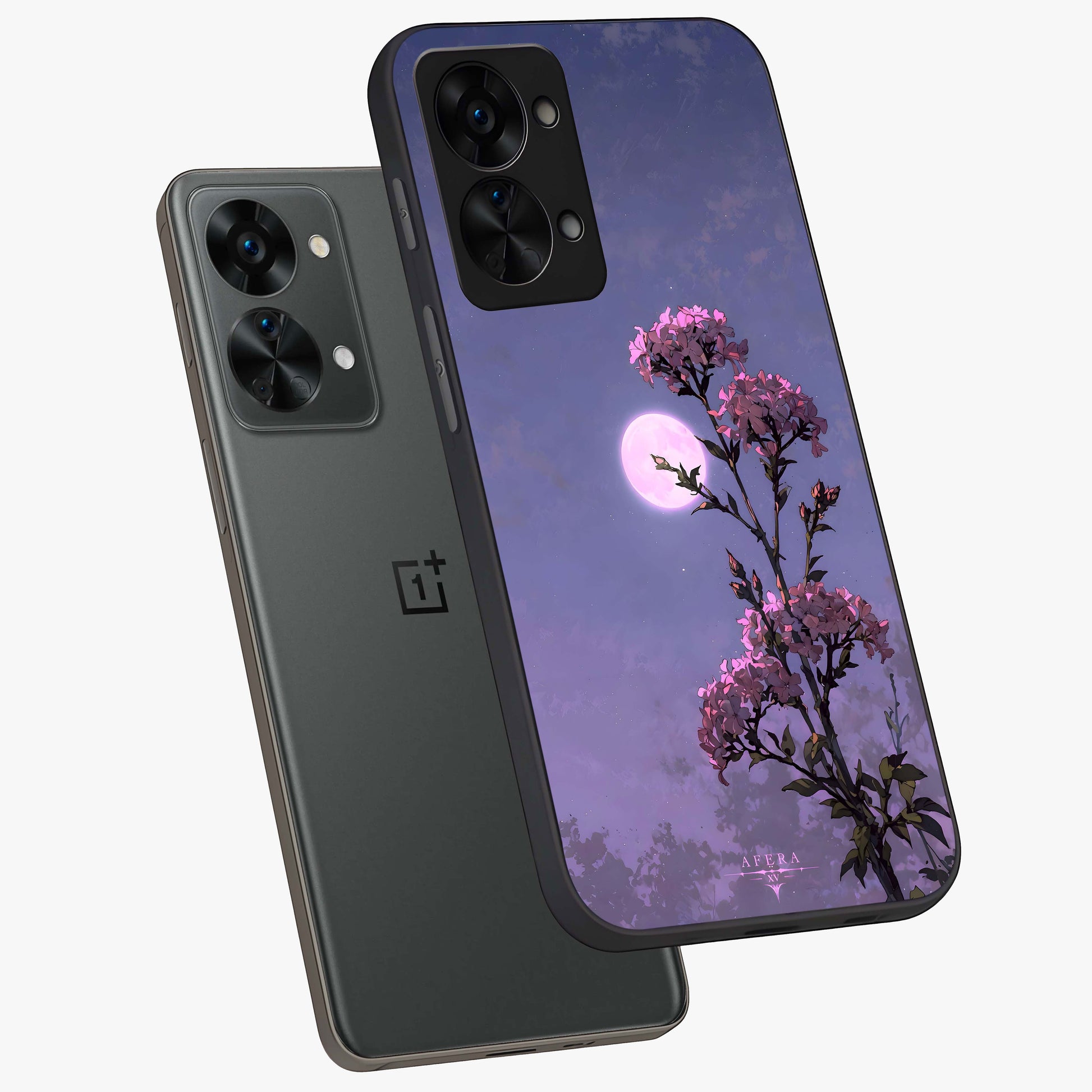 Moonlit Petal Night Glass Case for 1+Nord 2T angled mockup showcasing glossy finish and subtle moonlight detailing