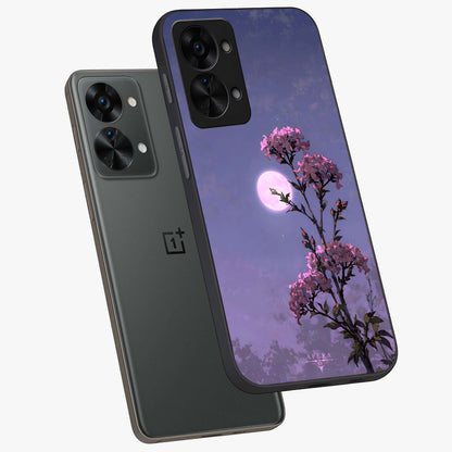Moonlit Petal Night Glass Case for 1+Nord 2T angled mockup showcasing glossy finish and subtle moonlight detailing