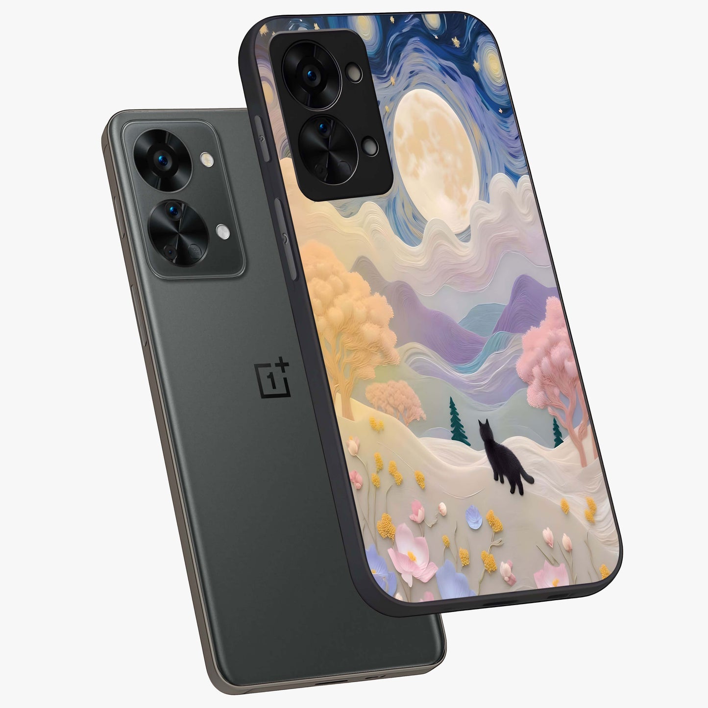 Moonlit Petal Path Glass Case for 1+Nord 2T angled mockup showcasing glossy finish and dreamy gradient tones