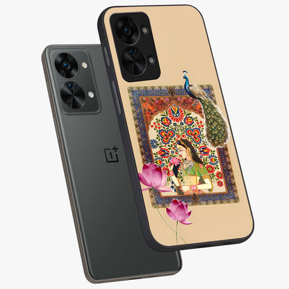 Mughal Princess and Peacock Glass Case for 1+Nord 2T angled mockup showcasing glossy finish and rich heritage tones
