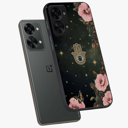 Mystic Bloom Protection Glass Case for 1+Nord 2T angled mockup showcasing glossy finish and vibrant spiritual tones