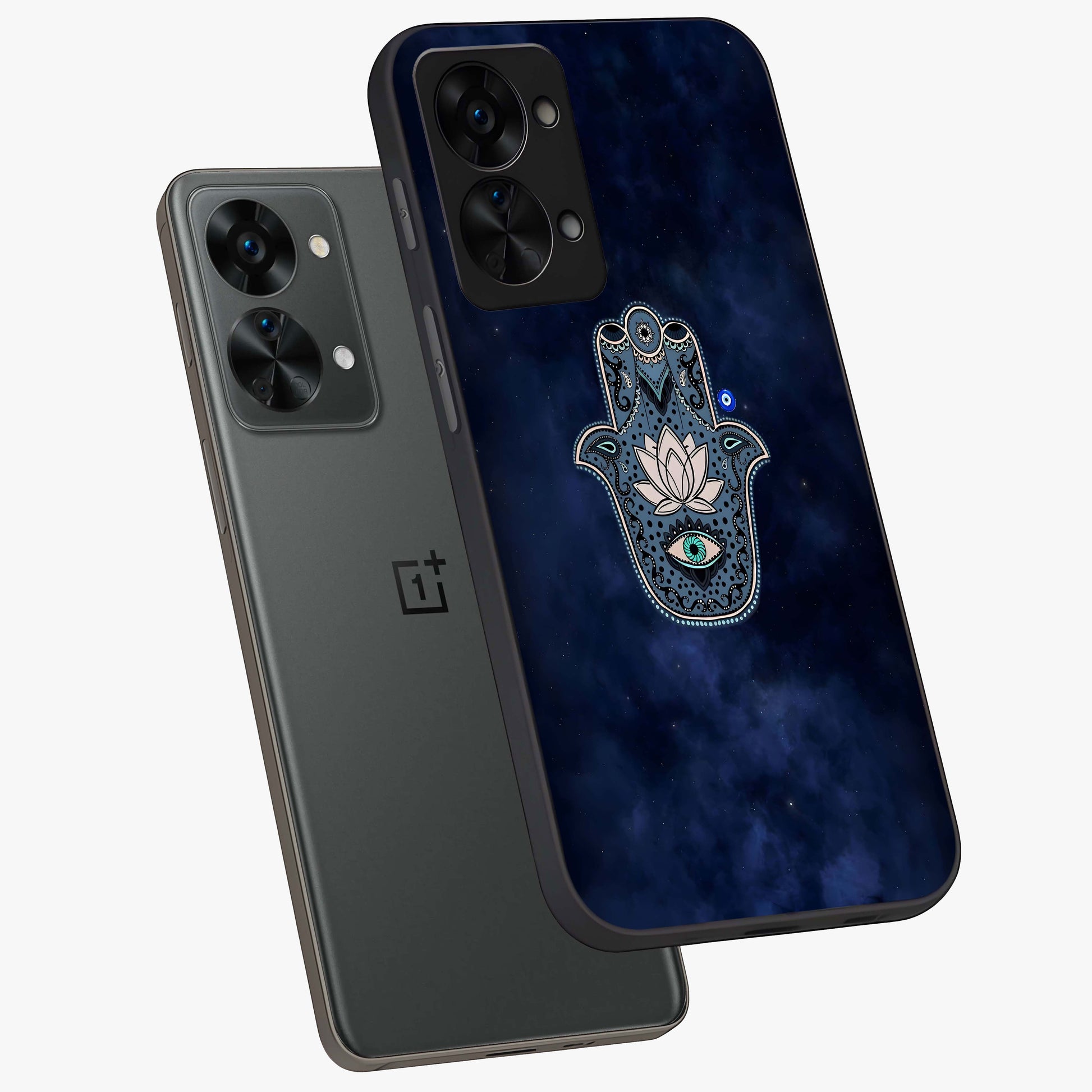 Mystic Calm Shield Glass Case for 1+Nord 2T angled mockup showcasing glossy finish and subtle mystical detailing