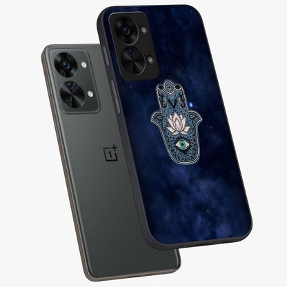 Mystic Calm Shield Glass Case for 1+Nord 2T angled mockup showcasing glossy finish and subtle mystical detailing
