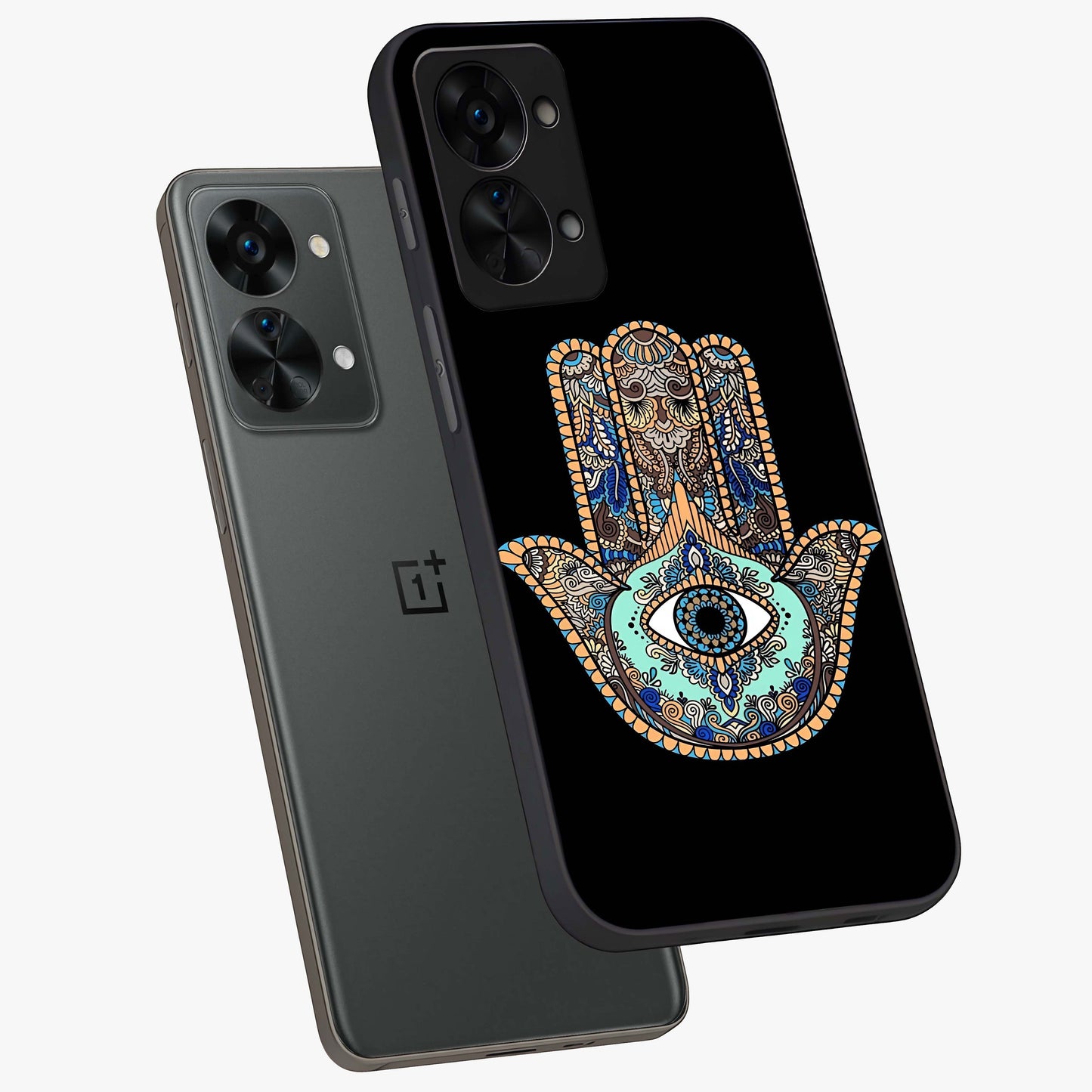 Mystic Hamsa Eye Glass Case for 1+Nord 2T angled mockup showcasing glossy finish and protective design elements