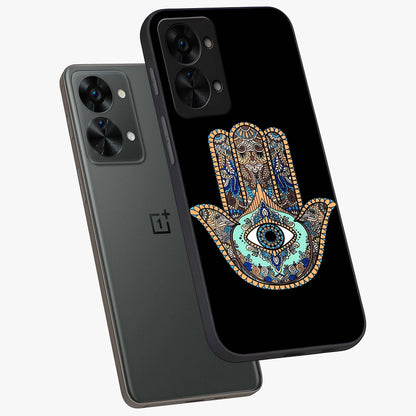 Mystic Hamsa Eye Glass Case for 1+Nord 2T angled mockup showcasing glossy finish and protective design elements