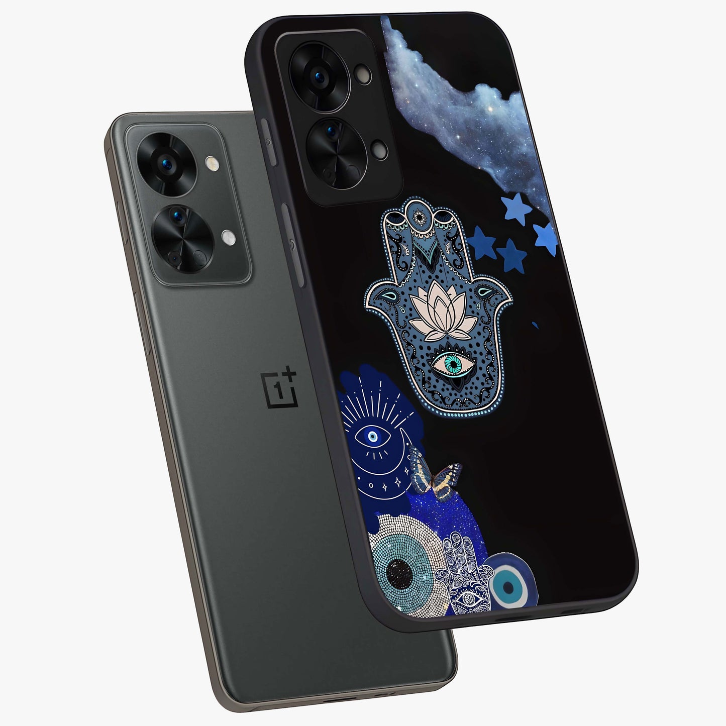 Mystic Hand Aura Glass Case for 1+Nord 2T angled mockup showcasing glossy finish and radiant mystical detailing