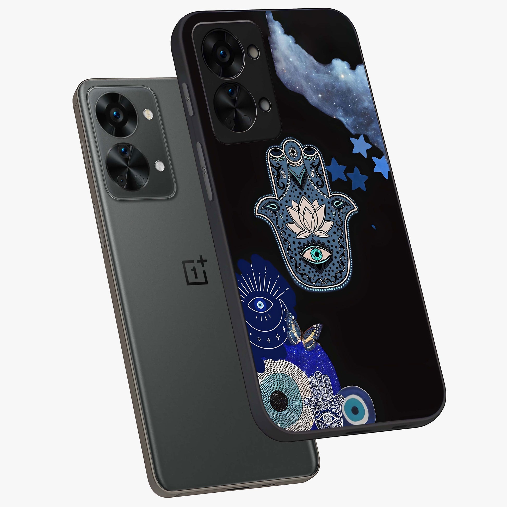 Mystic Hand Aura Glass Case for 1+Nord 2T angled mockup showcasing glossy finish and radiant mystical detailing