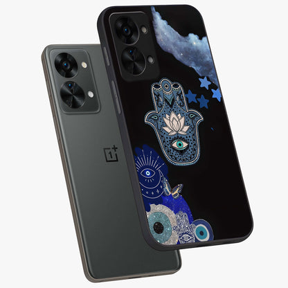 Mystic Hand Aura Glass Case for 1+Nord 2T angled mockup showcasing glossy finish and radiant mystical detailing