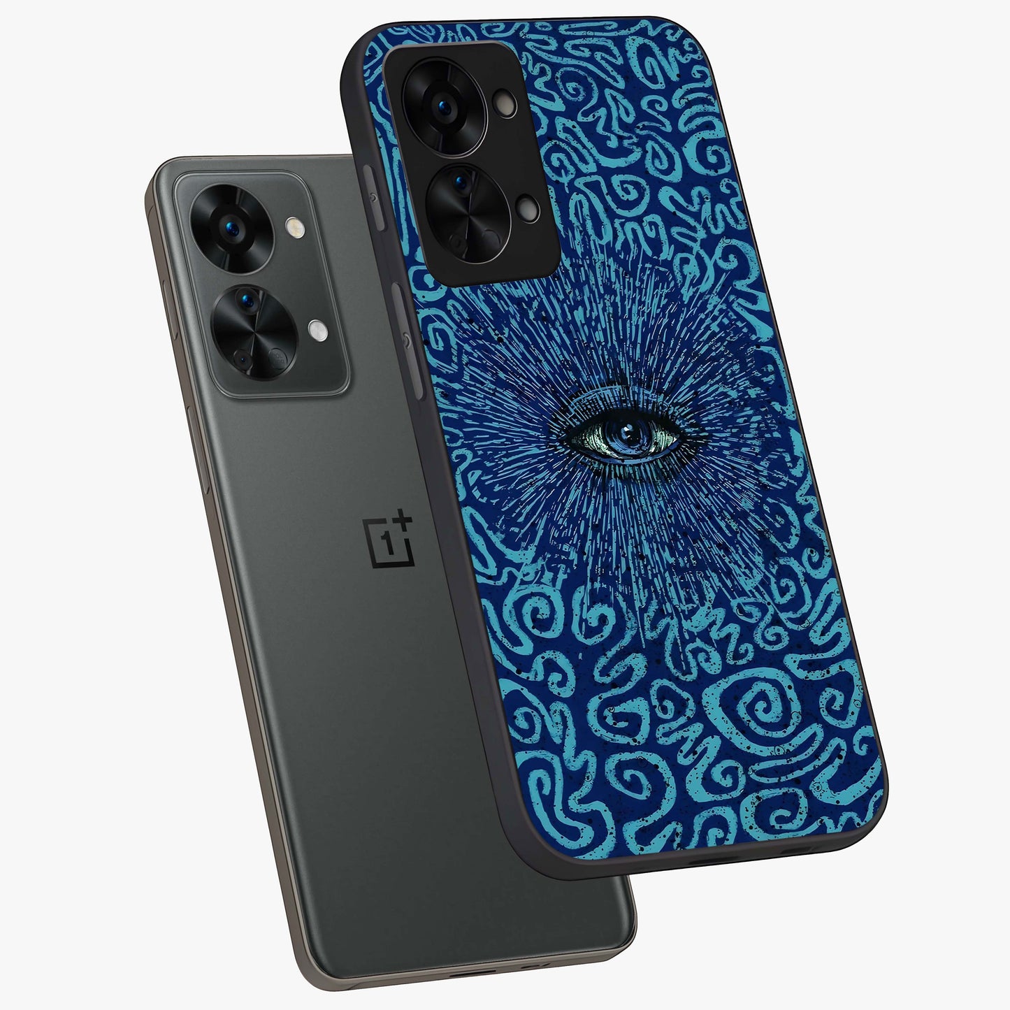 Mystic Inner Eye Glass Case for 1+Nord 2T angled mockup showcasing glossy finish and deep cosmic gradients
