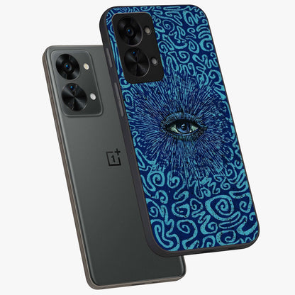 Mystic Inner Eye Glass Case for 1+Nord 2T angled mockup showcasing glossy finish and deep cosmic gradients