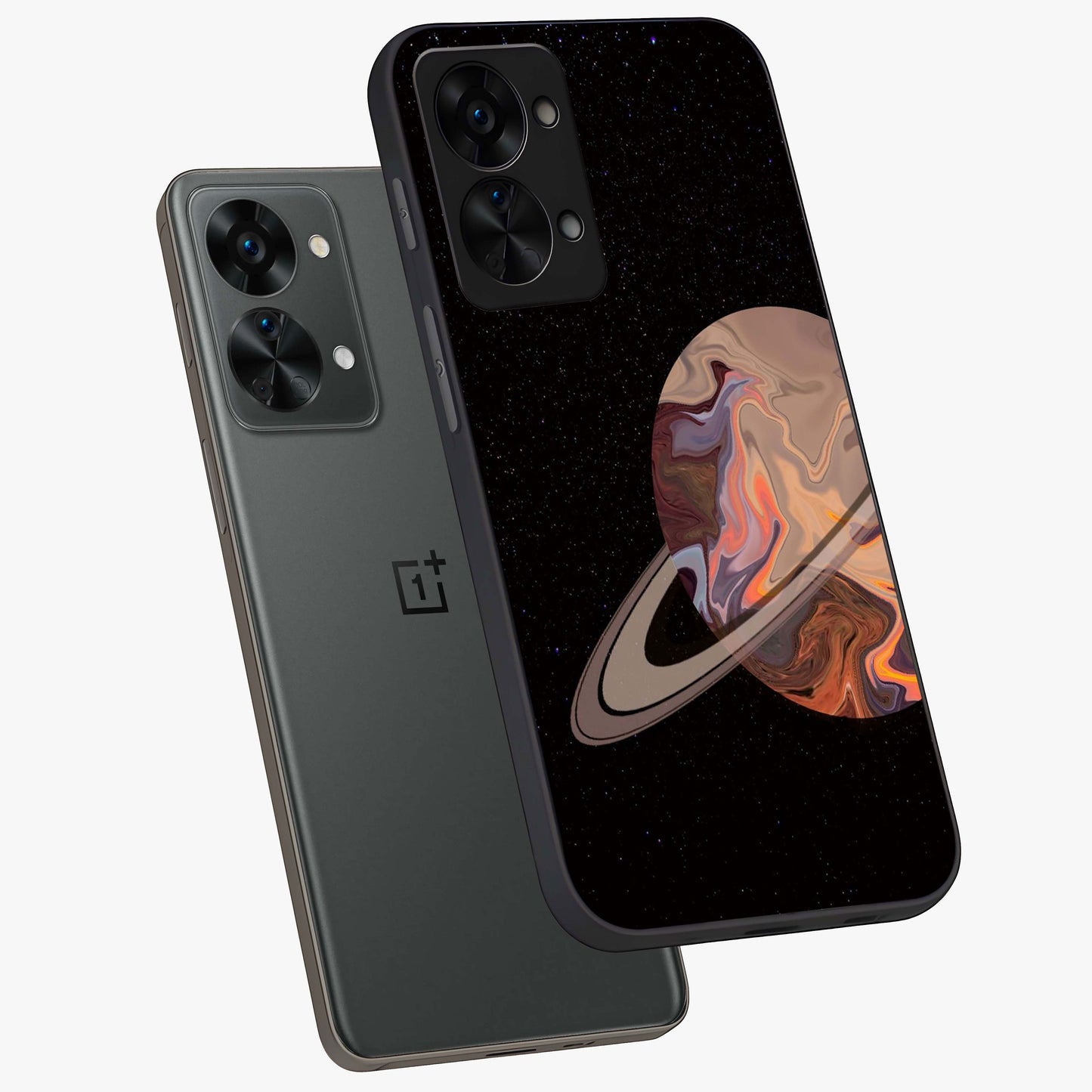 Mystic Saturn Aesthetic Glass Case for 1+Nord 2T angled mockup showcasing glossy finish and deep space gradients