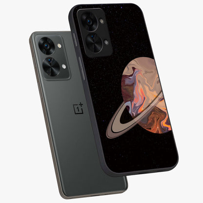 Mystic Saturn Aesthetic Glass Case for 1+Nord 2T angled mockup showcasing glossy finish and deep space gradients