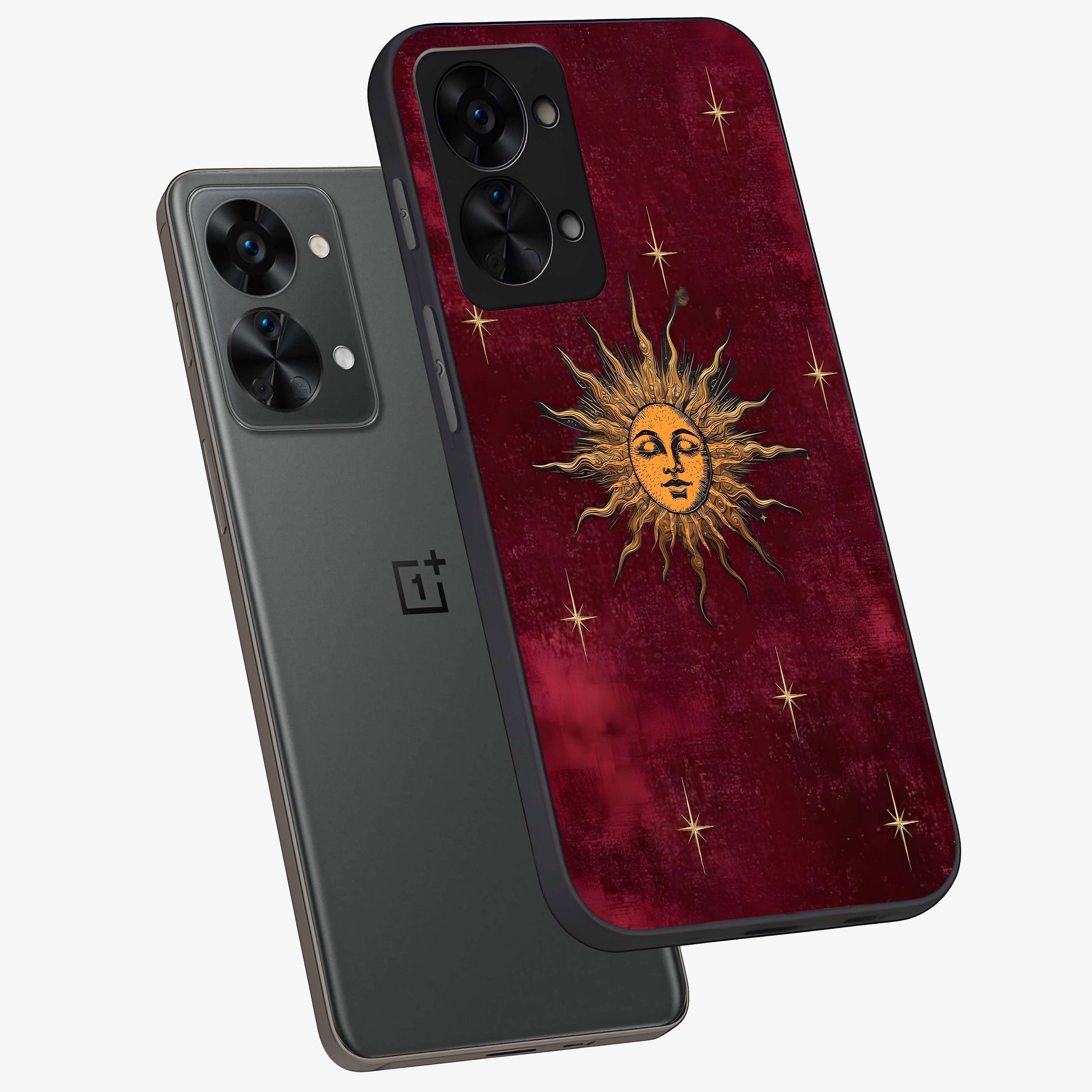 Mystic Solar Glow Glass Case for 1+Nord 2T angled mockup showcasing glossy glass finish and warm golden tones