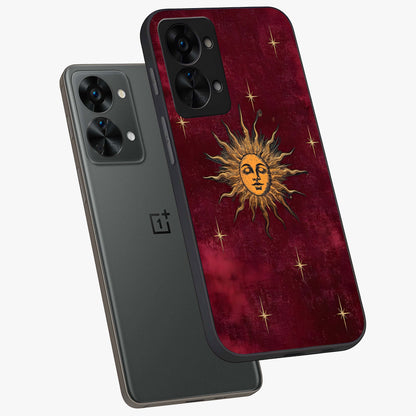 Mystic Solar Glow Glass Case for 1+Nord 2T angled mockup showcasing glossy glass finish and warm golden tones