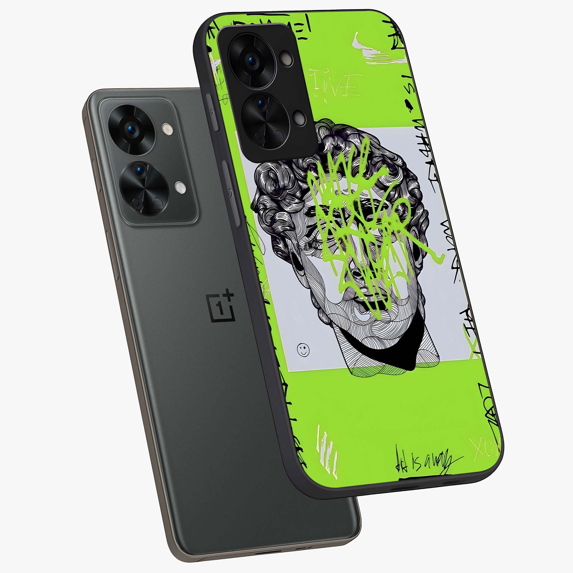 Neo Graffiti Rebellion Glass Case for 1+Nord 2T angled mockup showcasing glossy finish and urban neon detailing