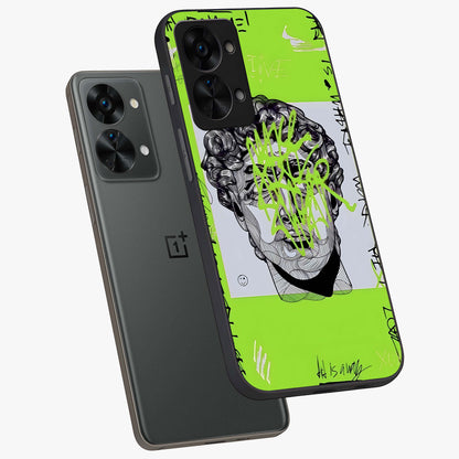 Neo Graffiti Rebellion Glass Case for 1+Nord 2T angled mockup showcasing glossy finish and urban neon detailing