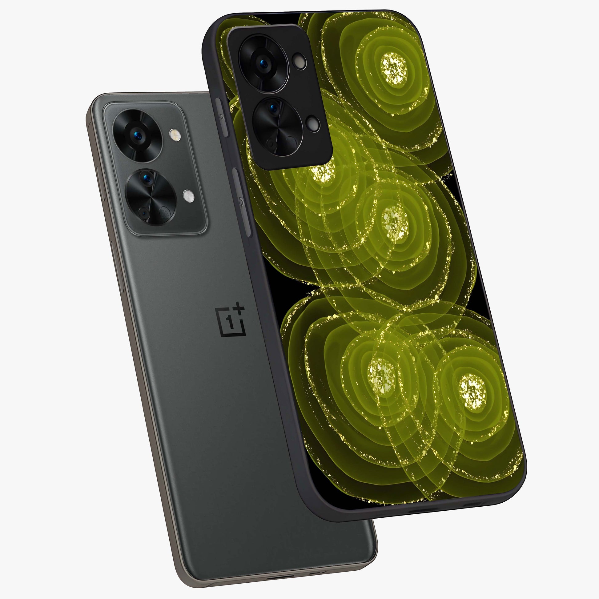 Neon Orbit Bloom Marble Glass Case for 1+Nord 2T angled mockup showcasing glossy finish and vibrant bloom detailing
