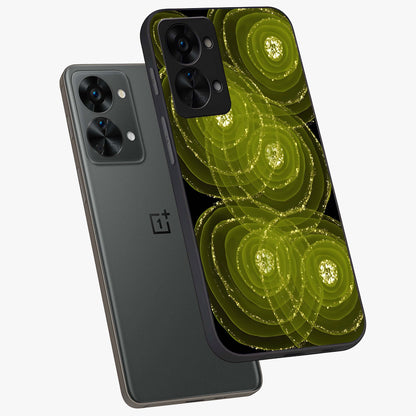 Neon Orbit Bloom Marble Glass Case for 1+Nord 2T angled mockup showcasing glossy finish and vibrant bloom detailing