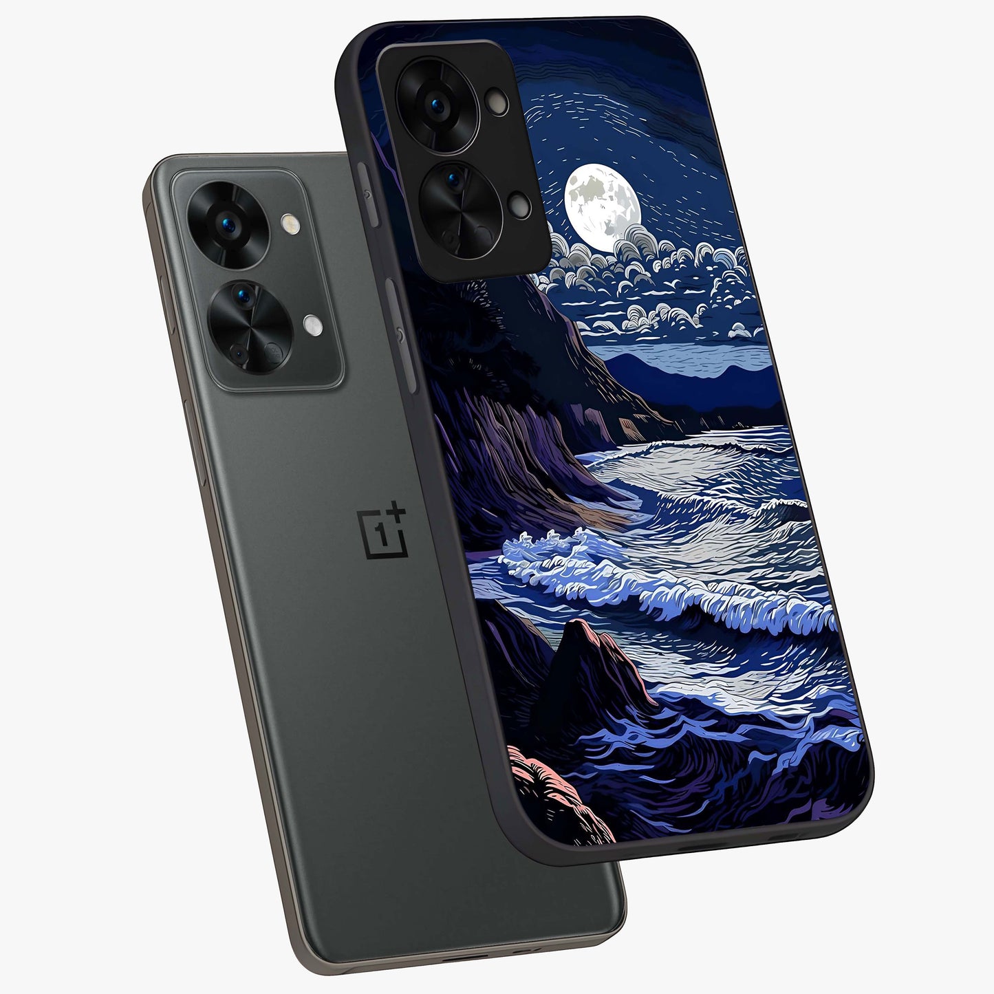 Night Moon Scenery Pattern Glass Case for 1+Nord 2T angled mockup showcasing glossy finish and deep night tones