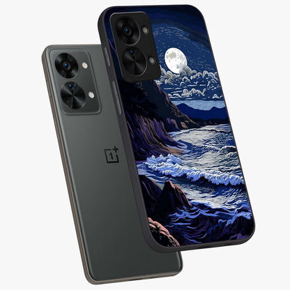 Night Moon Scenery Pattern Glass Case for 1+Nord 2T angled mockup showcasing glossy finish and deep night tones