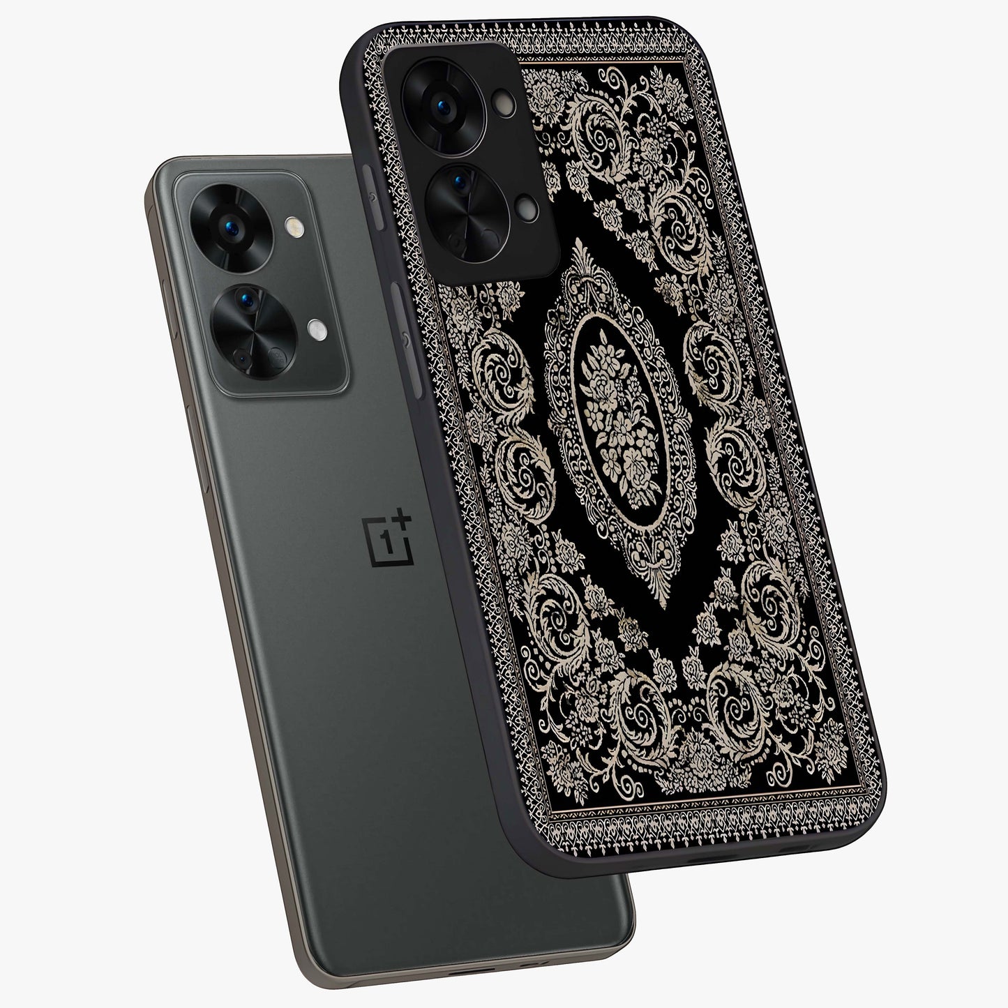 Noir Bloom Elegance Glass Case for 1+Nord 2T angled mockup showcasing glossy finish and refined bloom detailing