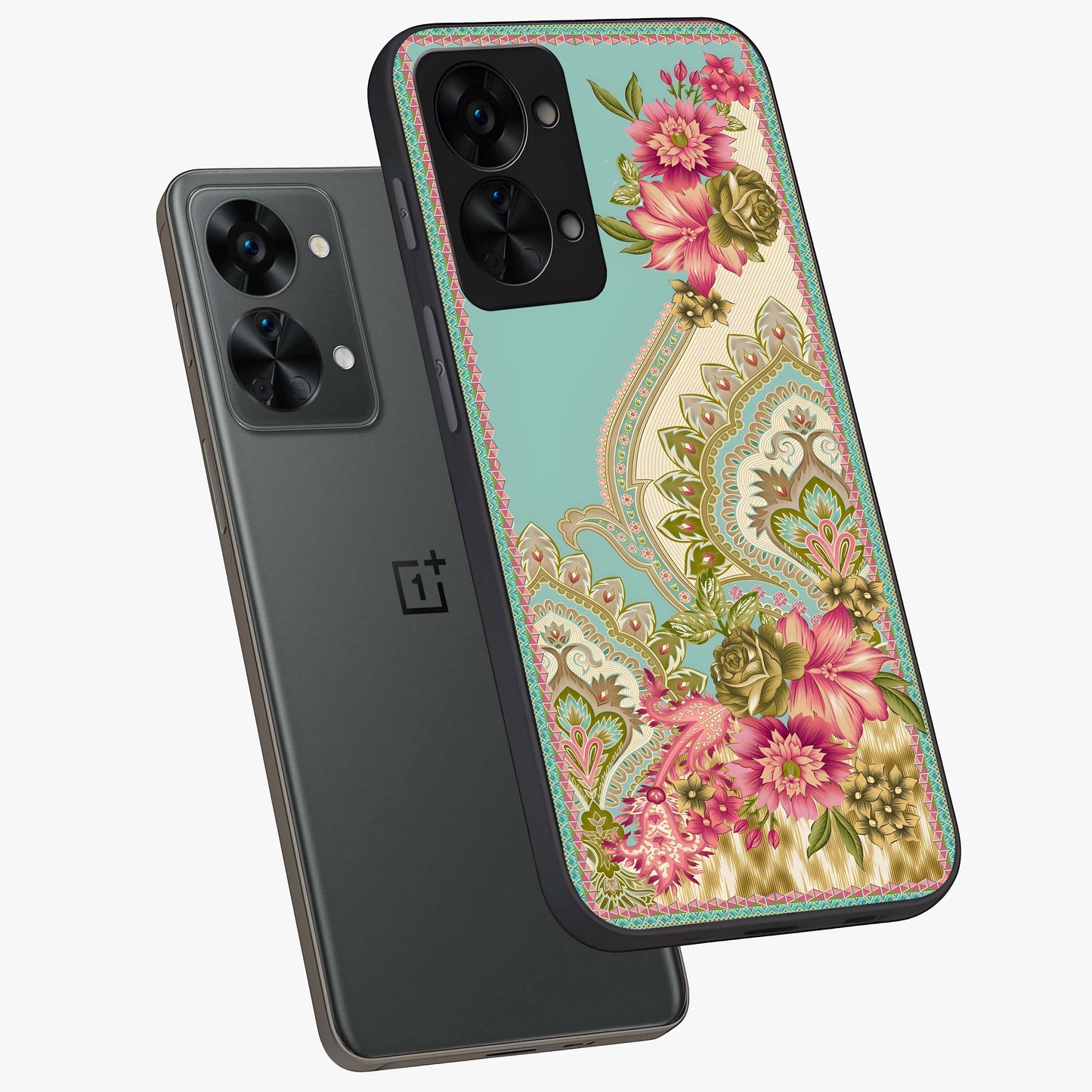 Ornate Mughal Floral Pattern Glass Case for 1+Nord 2T angled mockup showcasing glossy finish and rich heritage detailing
