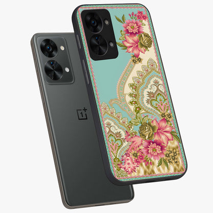 Ornate Mughal Floral Pattern Glass Case for 1+Nord 2T angled mockup showcasing glossy finish and rich heritage detailing