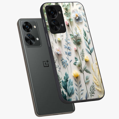 Pastel Garden Whispers Glass Case for 1+Nord 2T angled mockup showcasing glossy finish and gentle bloom tones