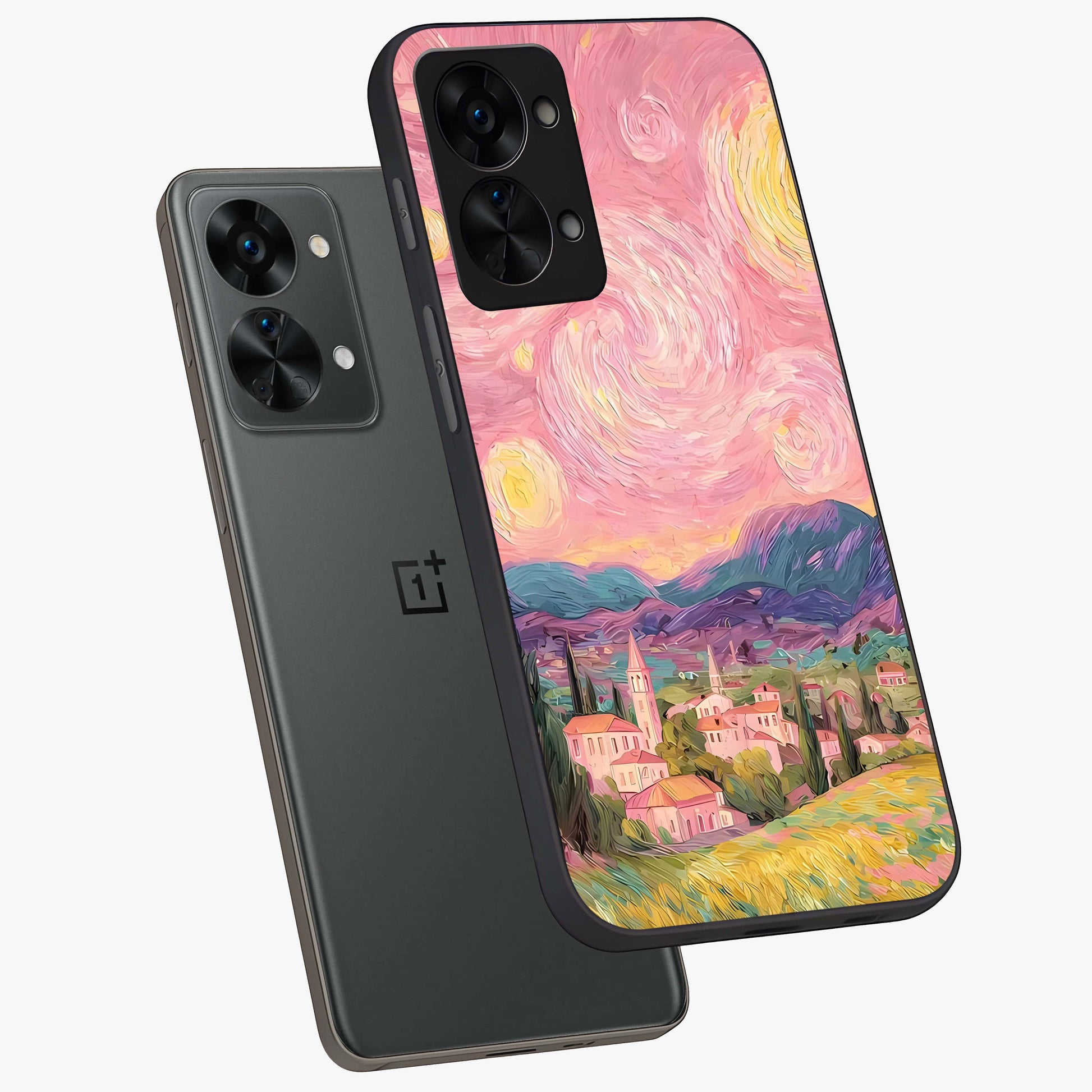 Pastel Starry Village Glass Case for 1+Nord 2T angled mockup showcasing glossy finish and soft celestial tones