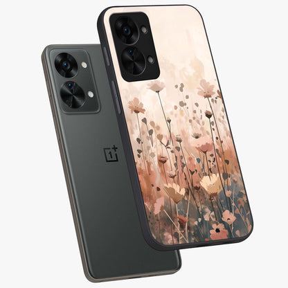 Pastel Wildflowers Glass Case for 1+Nord 2T angled mockup showcasing glossy finish and fresh floral detailing