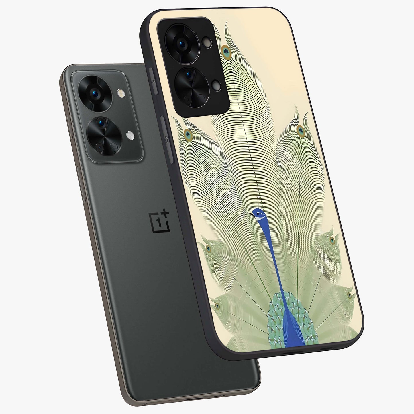 Peacock Feather Grace Glass Case for 1+Nord 2T angled mockup showcasing glossy glass finish and vibrant feather tones