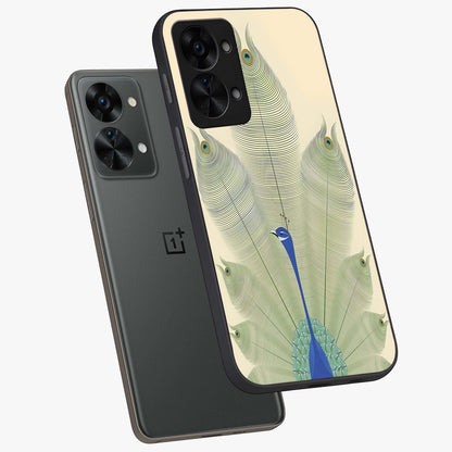 Peacock Feather Grace Glass Case for 1+Nord 2T angled mockup showcasing glossy glass finish and vibrant feather tones