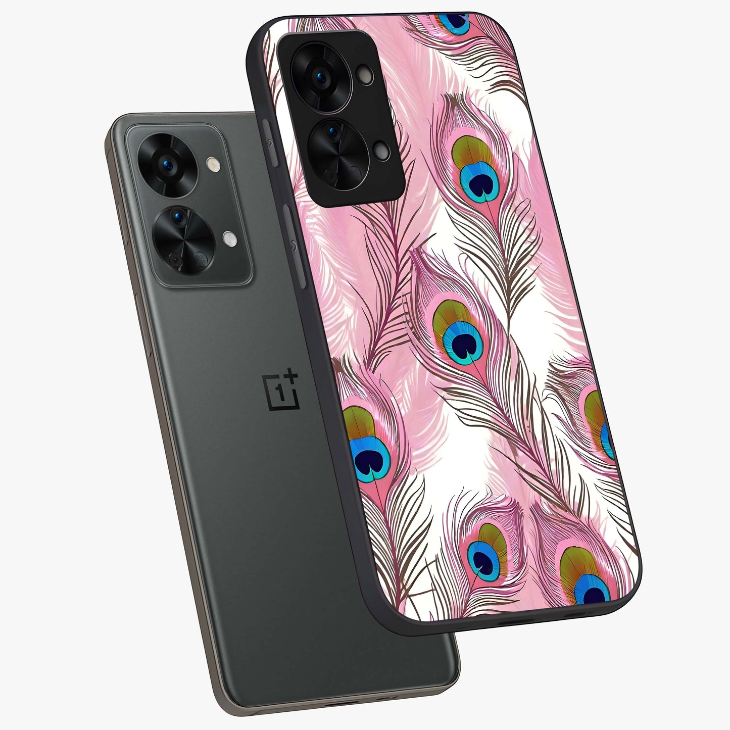 Peacock Feathers Floating Glass Case for 1+Nord 2T angled mockup showcasing glossy finish and graceful detailing