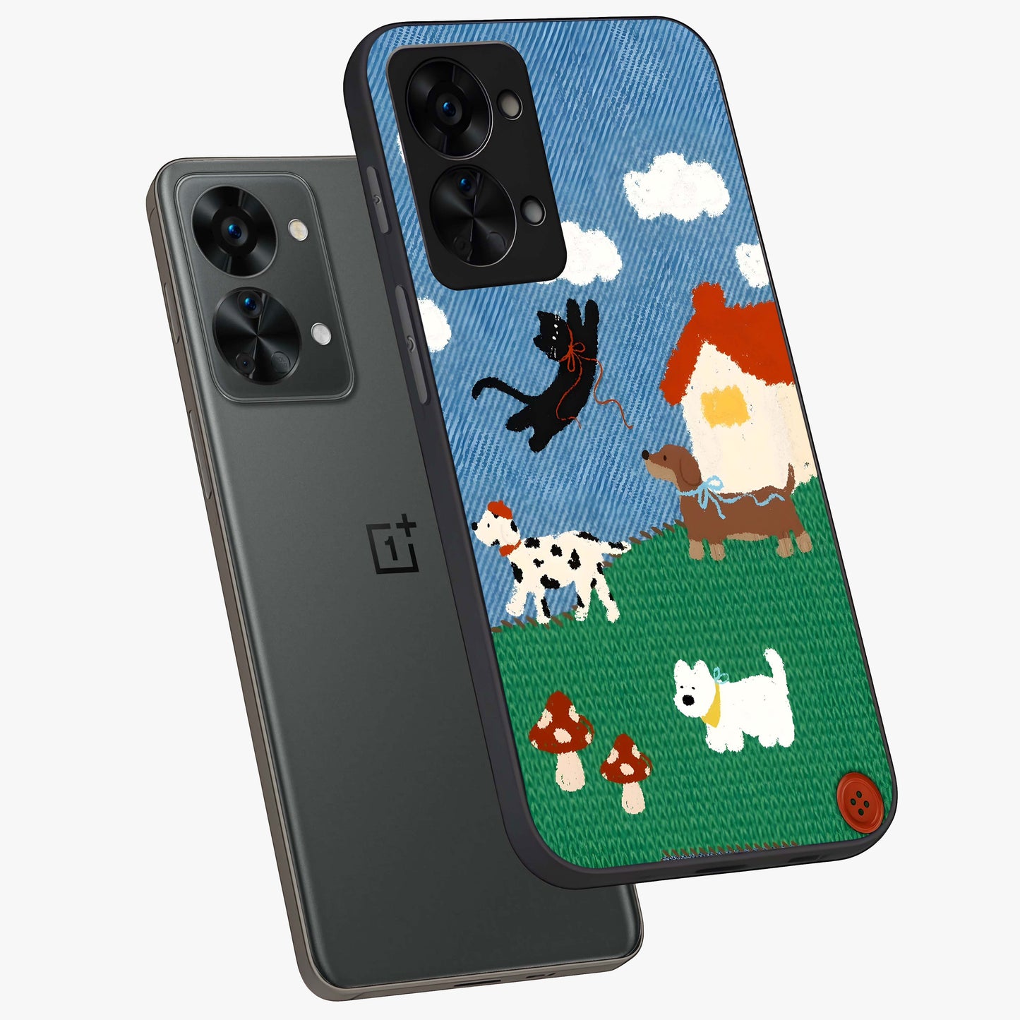 Pet Adventures Glass Case for 1+Nord 2T angled mockup showcasing glossy finish and vibrant cartoon tones