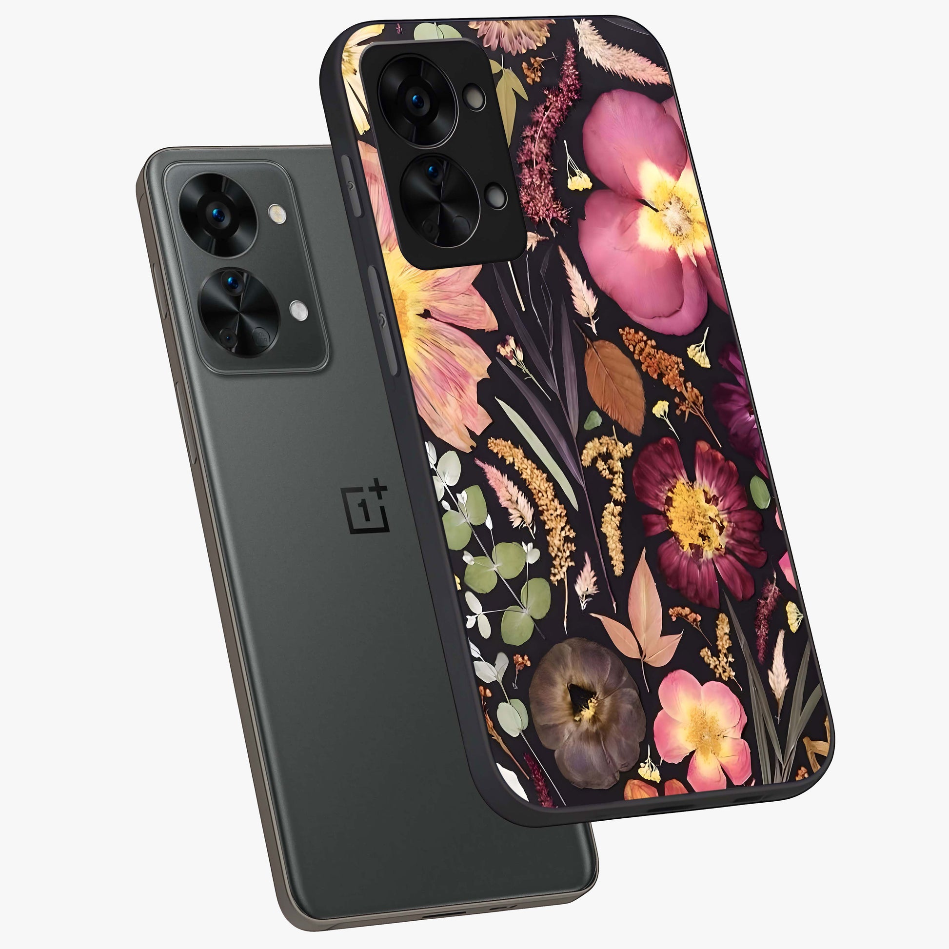 Petal Dream Tapestry Glass Case for 1+Nord 2T angled mockup showcasing glossy finish and rich bloom detailing