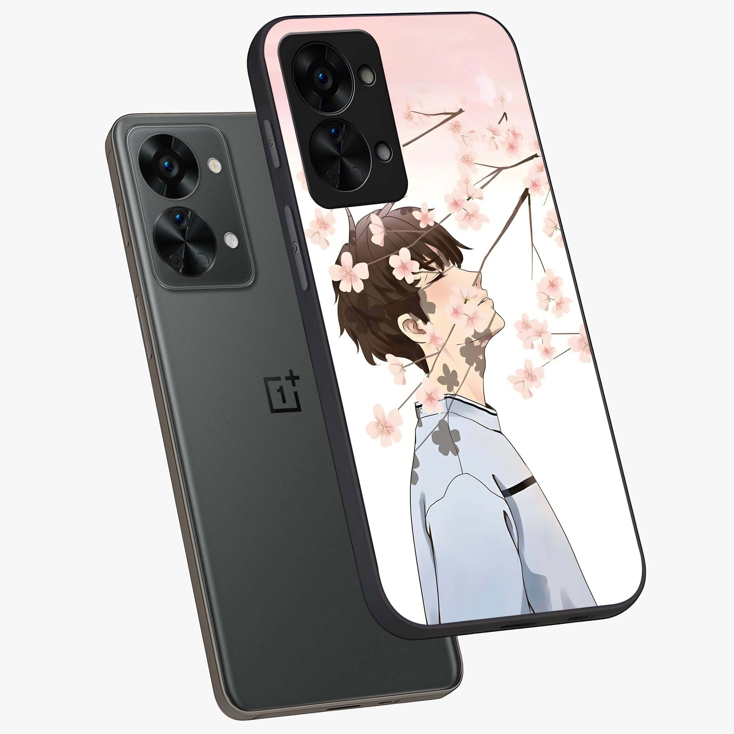 Pink Blossom Boy Glass Case for 1+Nord 2T angled mockup showcasing glossy finish and soft bloom tones