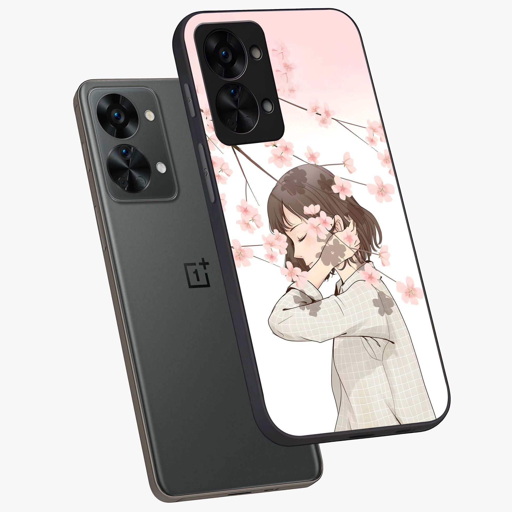 Pink Blossom Girl Glass Case for 1+Nord 2T angled mockup showcasing glossy finish and pastel floral detailing