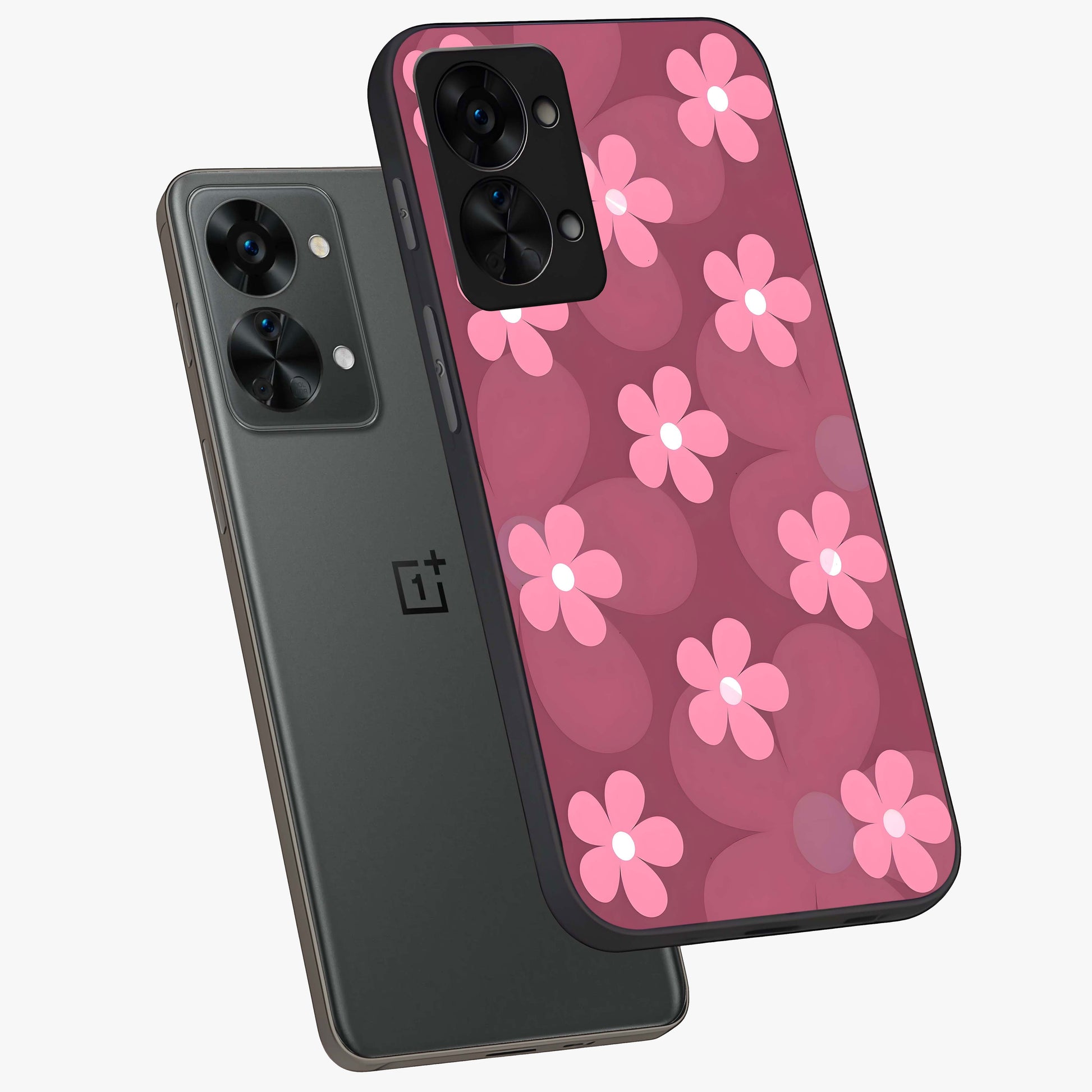 Pink Daisy Flower Pattern Glass Case for 1+Nord 2T angled mockup showcasing glossy finish and playful bloom detailing