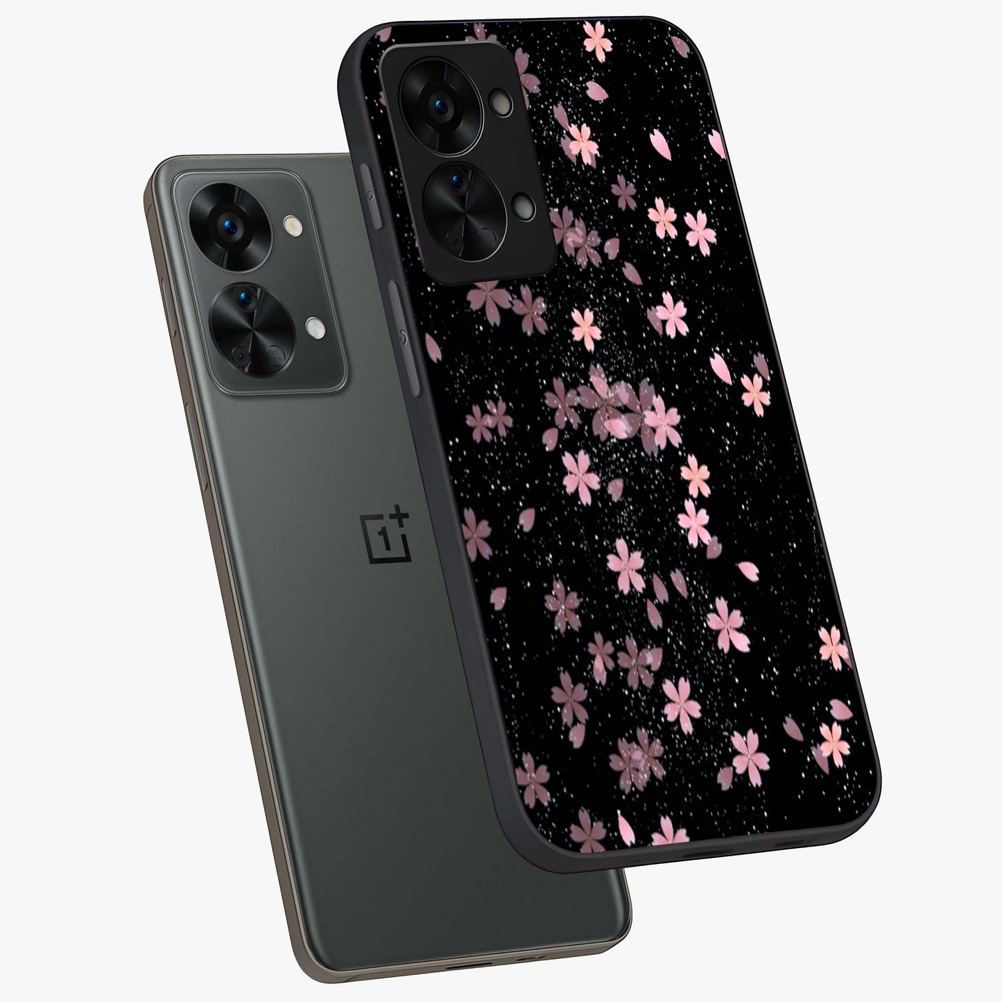 Pink Flower Black Background Glass Case for 1+Nord 2T angled mockup showcasing glossy finish and bold contrast tones