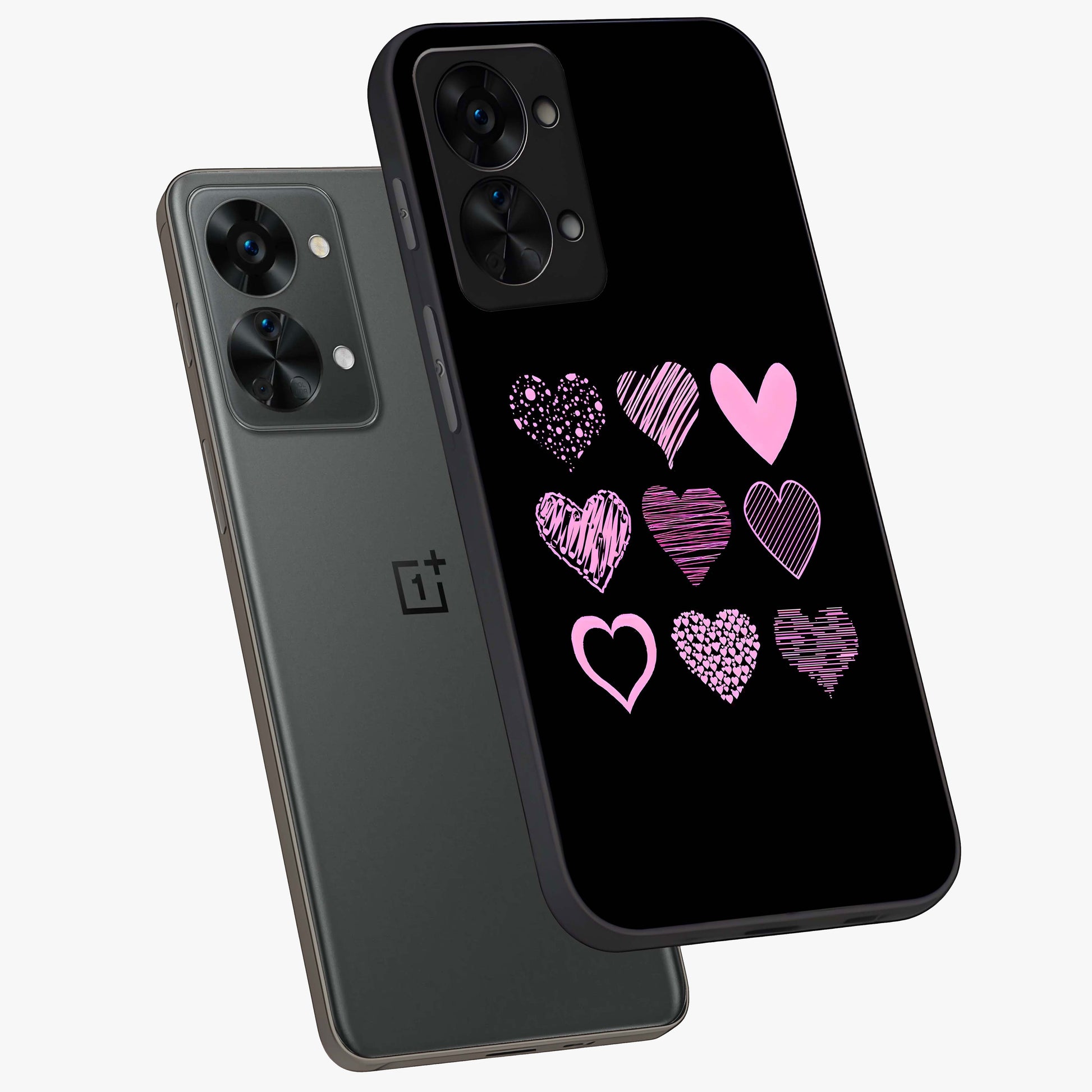 Pink Heart Aesthetic Glass Case for 1+Nord 2T angled mockup showcasing glossy finish and pastel romantic detailing