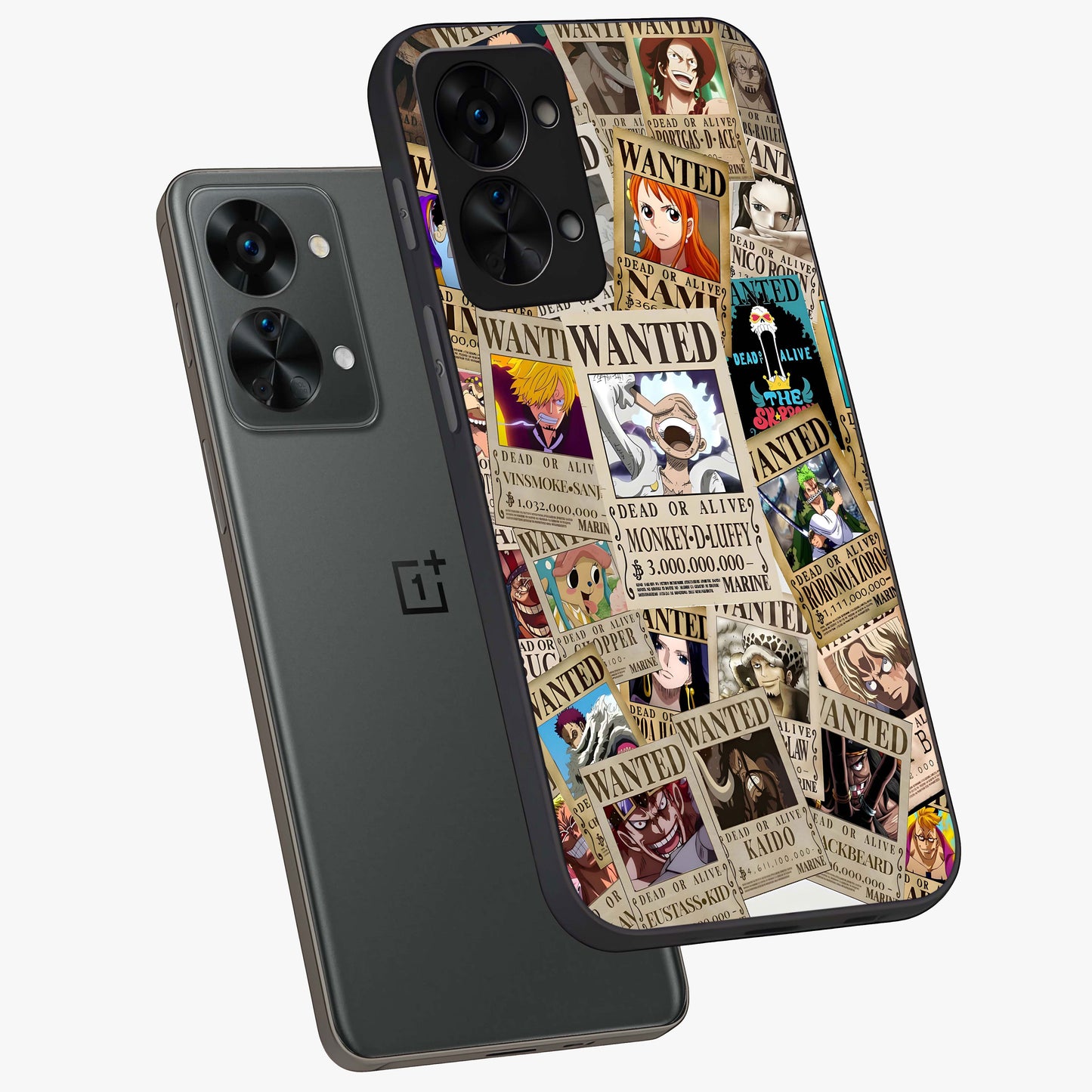Pirate Wanted Legends Glass Case for 1+Nord 2T angled mockup showcasing glossy glass finish and dramatic vintage tones