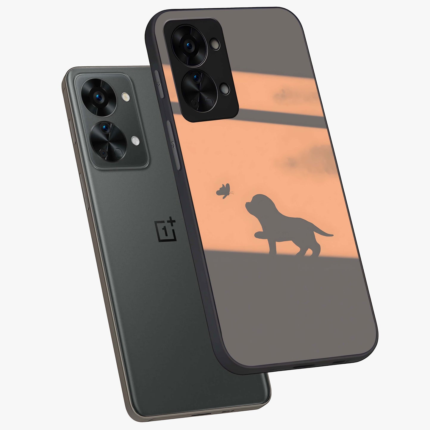 Puppy Shadow Art Glass Case for 1+Nord 2T angled mockup showcasing glossy finish and soft shadow detailing