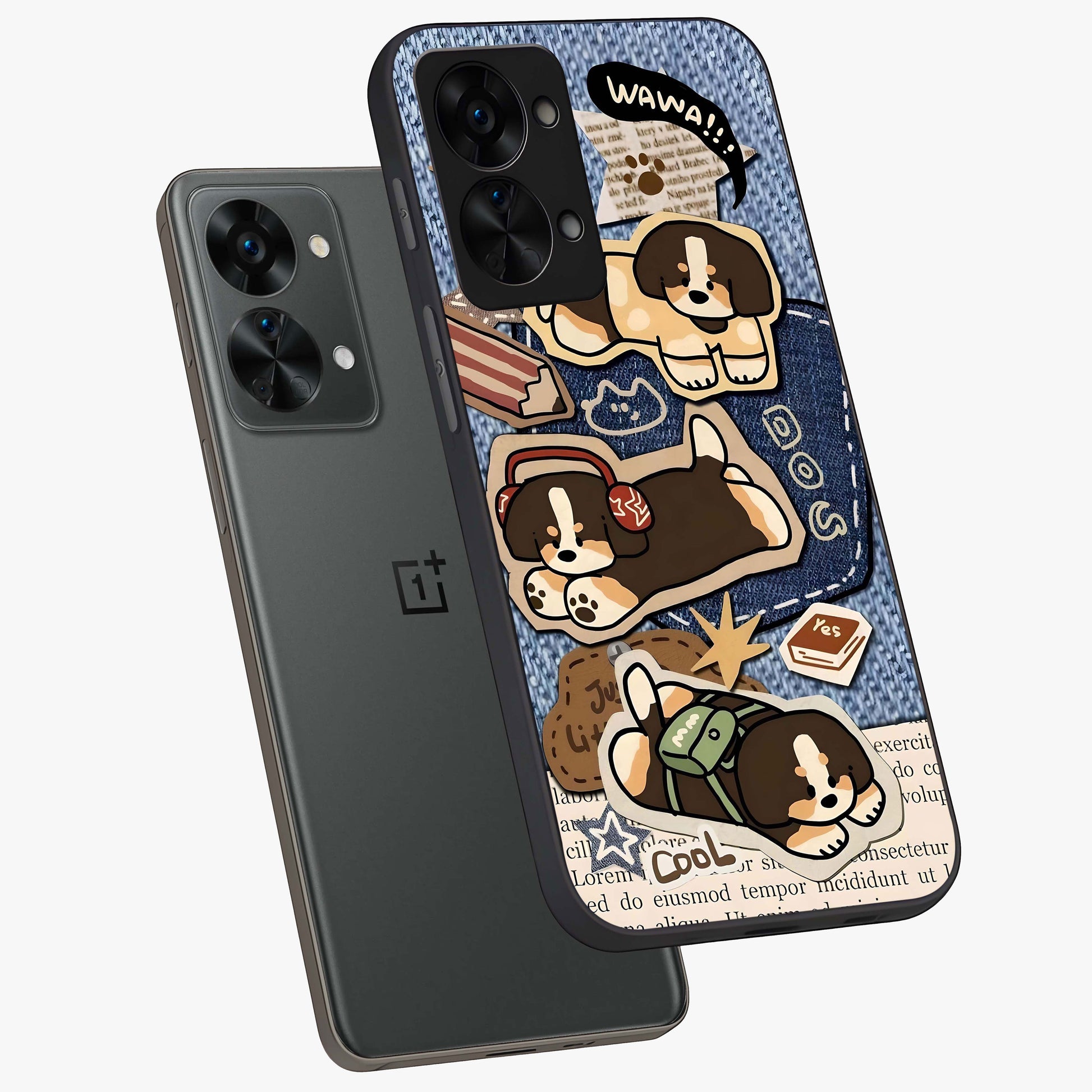 Puppy Sticker Parade Glass Case for 1+Nord 2T angled mockup showcasing glossy finish and colorful cartoon detailing