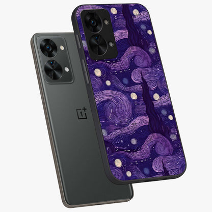 Purple Swirls Glass Case for 1+Nord 2T angled mockup showcasing glossy finish and smooth gradient detailing