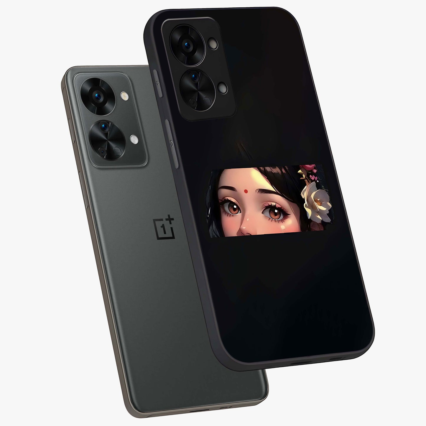 Radha Divine Embrace Glass Case for 1+Nord 2T angled mockup showcasing glossy glass finish and vibrant spiritual tones